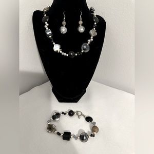 Handmade black bracelet, earrings and necklace the bracelet is 8”